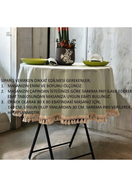 Yeşil Yuvarlak Keten Masa Örtüsü, Ham Ponpon Detaylı, Şık ve Zarif Tasarım fırsatları