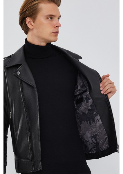 Carter Erkek Siyah Biker Deri Mont