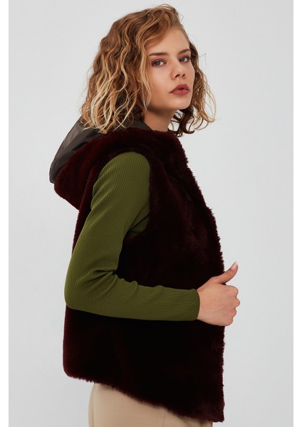 Celine Kadın Kapüşonlu Kürklü Deri Kaban