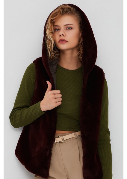 Celine Kadın Kapüşonlu Kürklü Deri Kaban