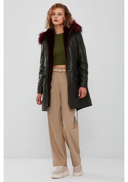 Celine Kadın Kapüşonlu Kürklü Deri Kaban