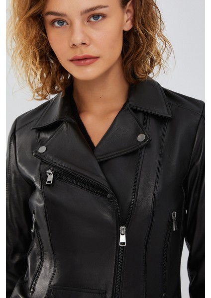 Bella Kadın Siyah Slim-Fit Biker Deri Ceket