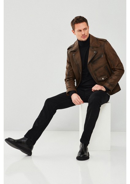 Carter Erkek Kahverengi Biker Deri Mont