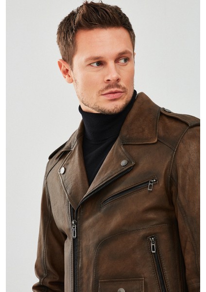 Carter Erkek Kahverengi Biker Deri Mont