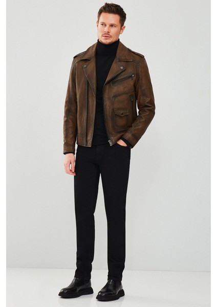 Carter Erkek Kahverengi Biker Deri Mont