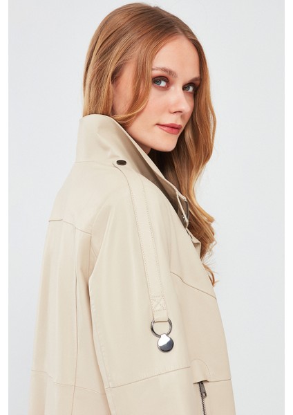 Luisa Kadın Bej Oversize Deri Mont