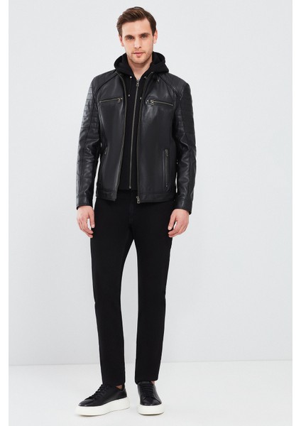 Sergio Erkek Siyah Kapüşonlu Spor Deri Mont