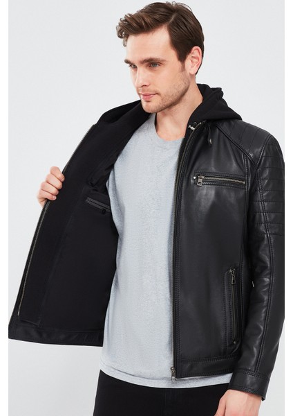 Sergio Erkek Siyah Kapüşonlu Spor Deri Mont
