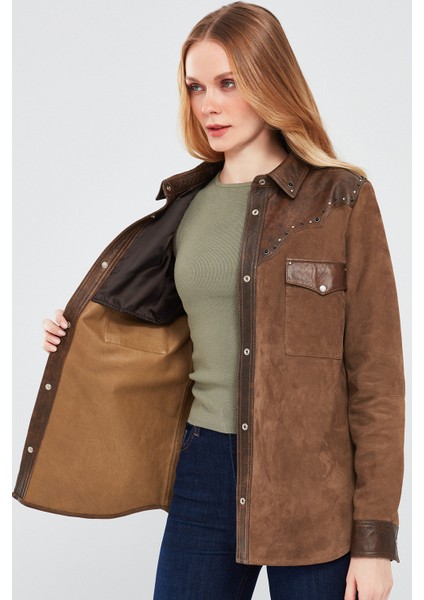 Western Kadın Kahverengi Gömlek Tarzı Süet Deri Ceket