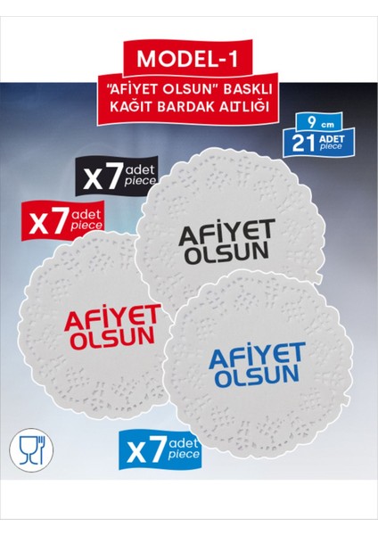 Baskılı Sunum Bardak Altlığı 9cm, 2 Model, 3 Renk, 7'şer Adet, Toplam 21 Adet fiyatları