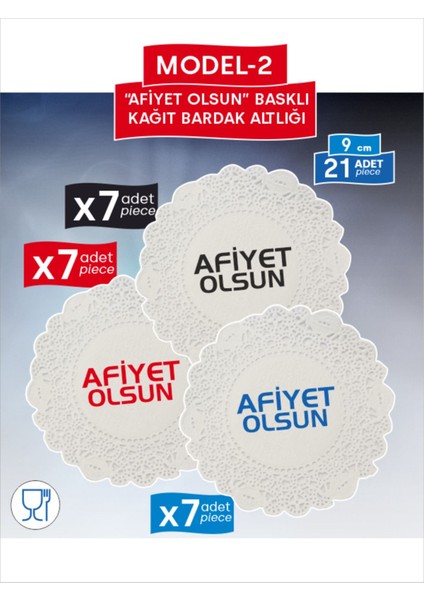 Baskılı Sunum Bardak Altlığı 9cm, 2 Model, 3 Renk, 7'şer Adet, Toplam 21 Adet indirimleri