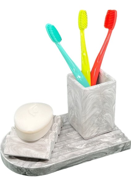 3 Parça Mermer Desenli Banye Seti Düzenleyici Katı Sabunluk Diş Fırçalık Sunum Tepsisi