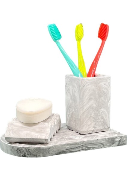 3 Parça Mermer Desenli Banye Seti Düzenleyici Katı Sabunluk Diş Fırçalık Sunum Tepsisi modelleri