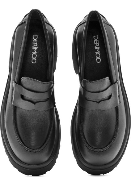Kadın Siyah Kalın Topuklu Deri Maskülen Loafer 24WFD201018