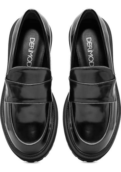 Kadın Siyah Kalın Tabanlı Deri Maskülen Loafer 24WFD184122