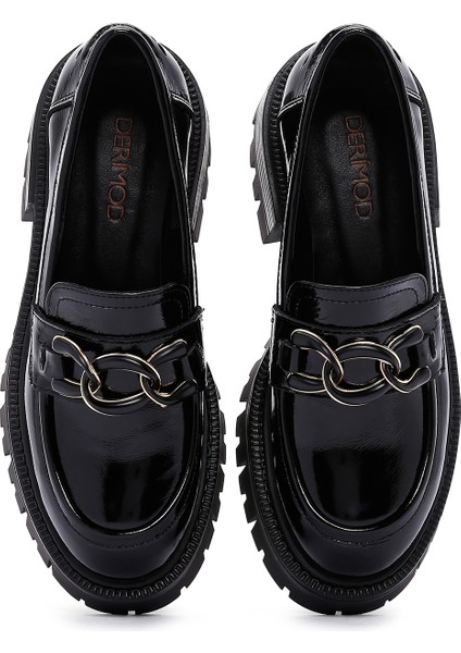 Kadın Siyah Toka Detaylı Deri Maskülen Loafer 24WFD130316