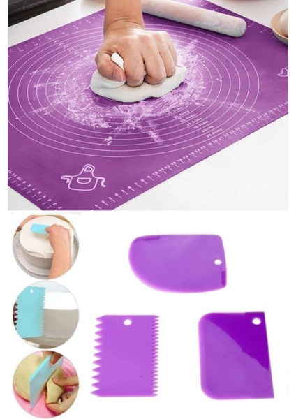 Ölçekli Silikon Hamur Açma Matı ve 3'lü Hamur Kesici Seti