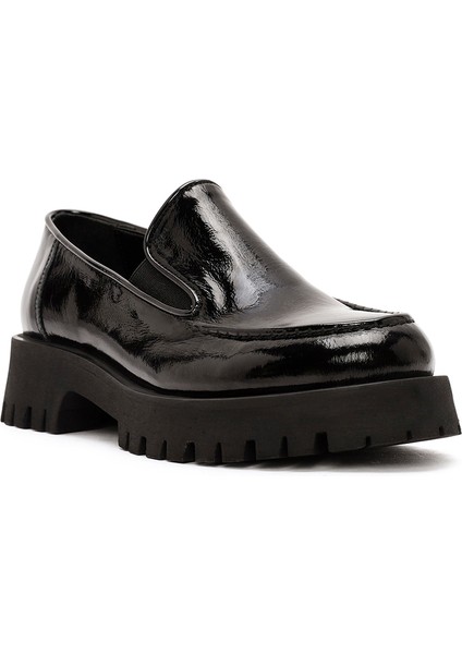 Kadın Siyah Rugan Deri Maskülen Loafer 24WFD184016