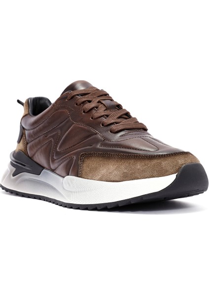 Erkek Kahverengi Bağcıklı Deri Sneaker 24WFD611814