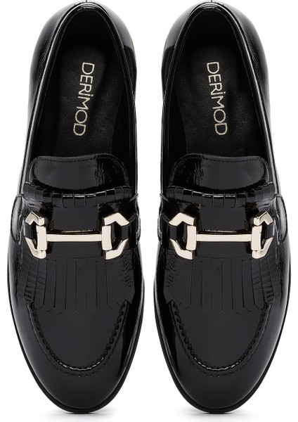 Kadın Siyah Toka Detaylı Rugan Deri Maskülen Loafer 24WFD200616