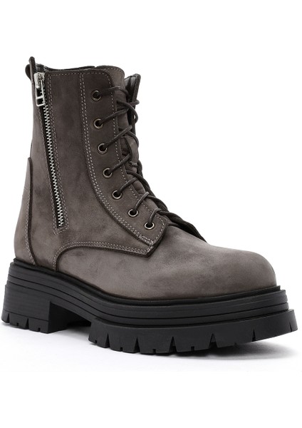 Kadın Vizon Bağcıklı Çift Fermuar Detaylı Kalın Tabanlı Nubuk Deri Postal Bot 24WFD1863V3