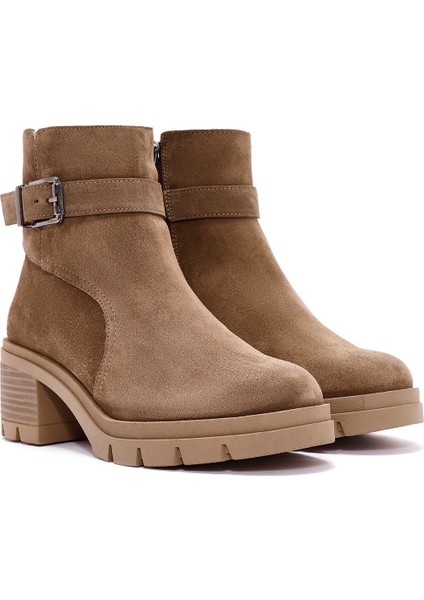 Kadın Kahverengi Fermuarlı Kalın Topuklu Süet Deri Bot 24Wfd237310