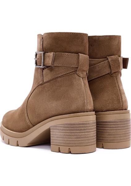 Kadın Kahverengi Fermuarlı Kalın Topuklu Süet Deri Bot 24Wfd237310