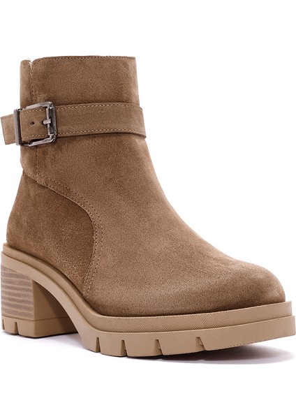 Kadın Kahverengi Fermuarlı Kalın Topuklu Süet Deri Bot 24Wfd237310