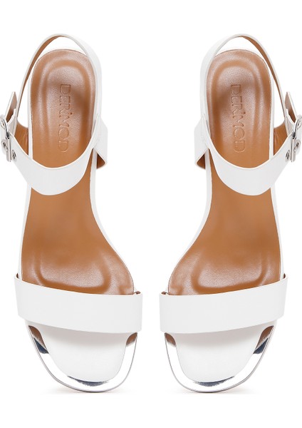 Kadın Beyaz Bilekten Bantlı Kısa Kalın Topuklu Sandalet 25SFE461918