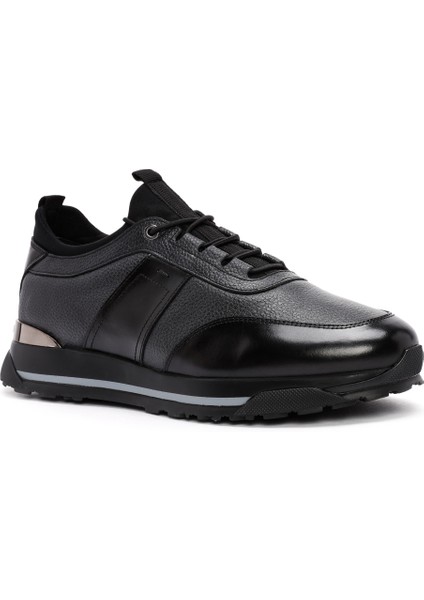 Erkek Siyah Bağcıklı Deri Casual Sneaker 24WFD722914