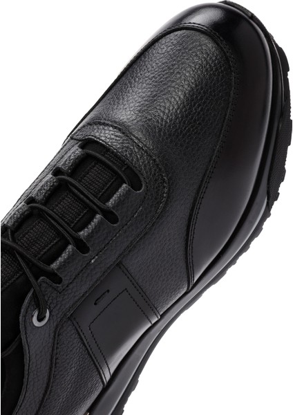 Erkek Siyah Bağcıklı Deri Casual Sneaker 24WFD722914