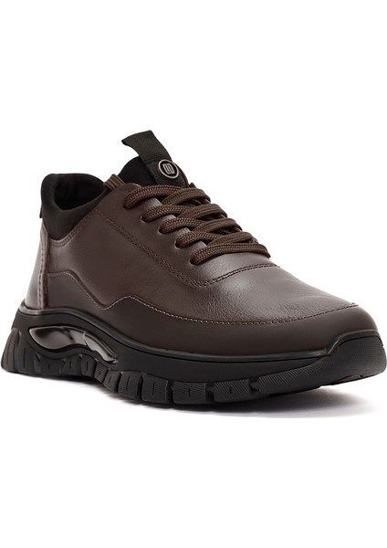 Erkek Kahverengi Bağcıklı Deri Sneaker 24WFD650618