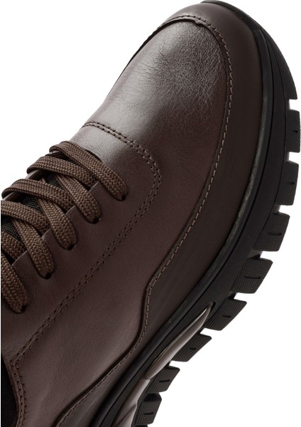 Erkek Kahverengi Bağcıklı Deri Sneaker 24WFD650618