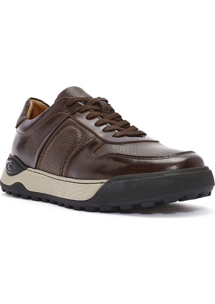 Erkek Kahverengi Bağcıklı Deri Sneaker 24WFD722614