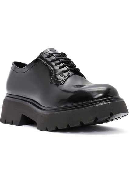 Kadın Siyah Bağcıklı Deri Oxford Ayakkabı 24WFD281322