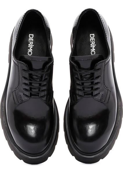 Kadın Siyah Bağcıklı Deri Oxford Ayakkabı 24WFD281322