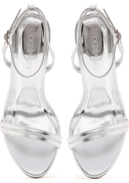 Kadın Gri Bilekten Bantlı Metalik Yüksek Ince Topuklu Sandalet 25SFE491532