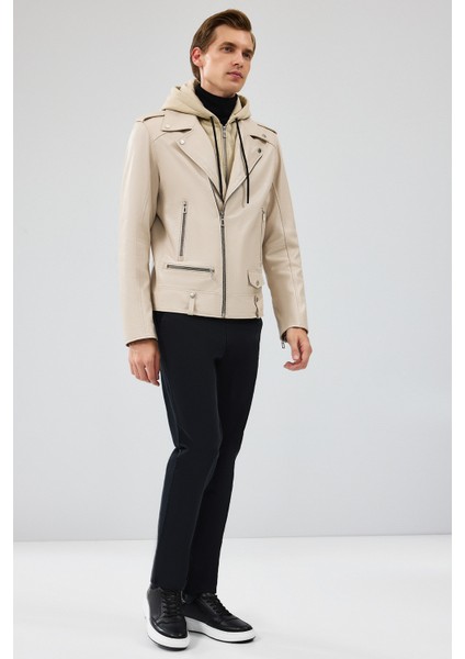 Butler Erkek Bej Kapüşonlu Biker Deri Ceket 24WGF6527FT