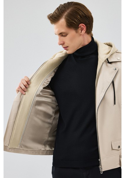 Butler Erkek Bej Kapüşonlu Biker Deri Ceket 24WGF6527FT