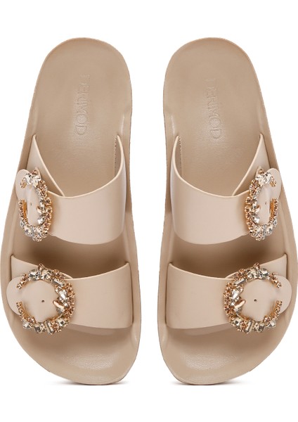 Kadın Bej Çift Tokalı Taşlı Terlik 25SFE460718