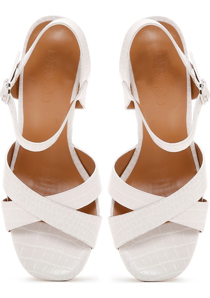 Kadın Beyaz Bilekten Bantlı Kalın Topuklu Kroko Sandalet 25SFE4623E3