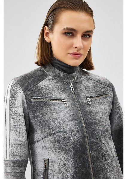 Sporty Kadın Gri Kısa Nubuk Deri Spor Ceket 24WGD5227WB