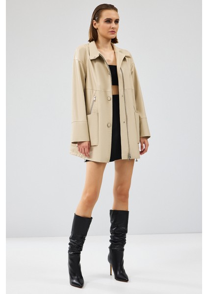 Dalida Kadın Krem Oversize Deri Ceket 24WGD5212U4