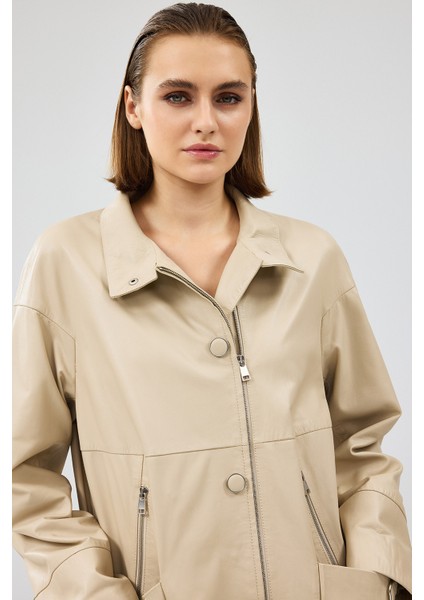 Dalida Kadın Krem Oversize Deri Ceket 24WGD5212U4