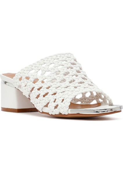 Kadın Beyaz Örgülü Kısa Kalın Topuklu Terlik 25SFE460918