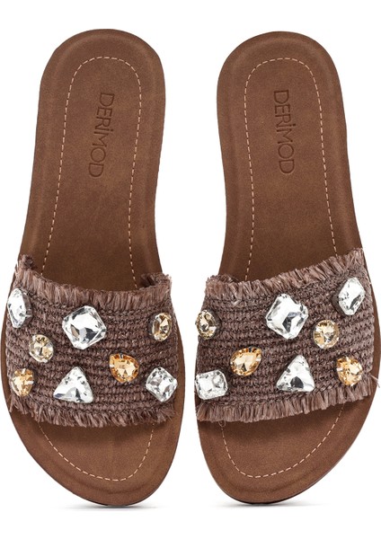 Kadın Kahverengi Taşlı Örgülü Terlik 25SFE460514