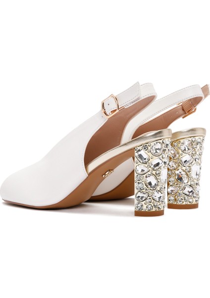 Kadın Beyaz Arkadan Bantlı Taşlı Kalın Topuklu Sandalet 25sfe462418