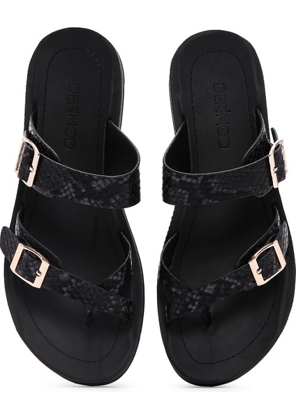 Kadın Siyah Çift Tokalı Desenli Terlik 25SFE460140