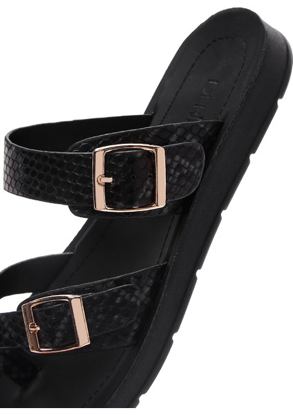 Kadın Siyah Çift Tokalı Desenli Terlik 25SFE460140