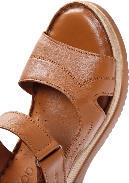 Kadın Taba Kalın Tabanlı Bilekten Bantlı Deri Comfort Sandalet 25SFD320818